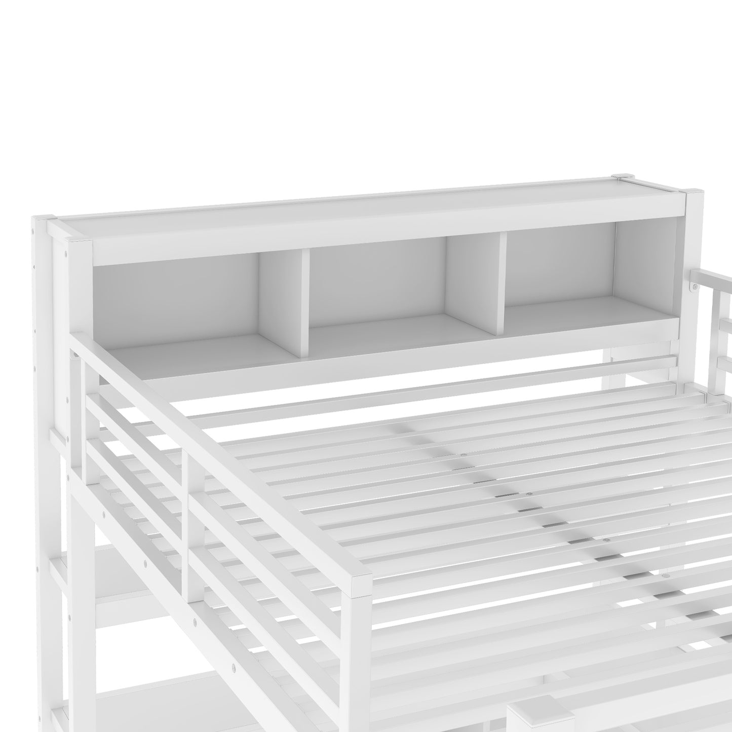 Metal Loft Bed with Wardrobe And L-shaped Desk, Queen Size Loft Bed with Storage Cubes and Shelves, Heavy Duty Loft Bed for Kids Teens Adults, White image 6