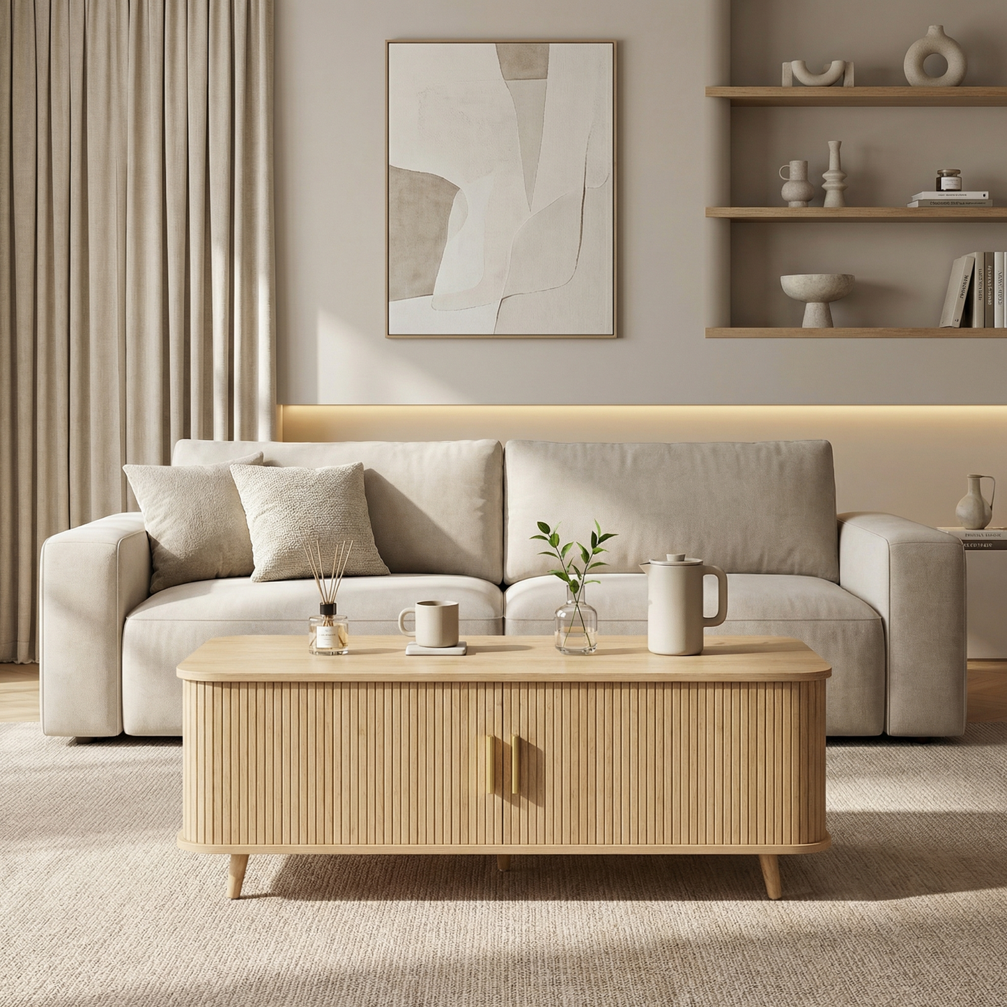 Modern Mid-Century Coffee Table with Storage: Natural Wood Finish, 4 Open Shelves & 2 Doors, For Living Room, Entertainment Center, Home Theater image 4
