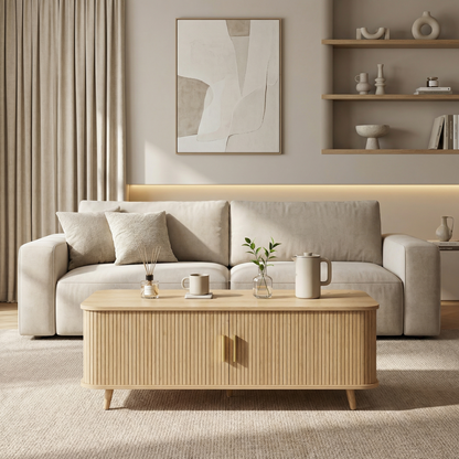 Modern Mid-Century Coffee Table with Storage: Natural Wood Finish, 4 Open Shelves & 2 Doors, For Living Room, Entertainment Center, Home Theater image 4