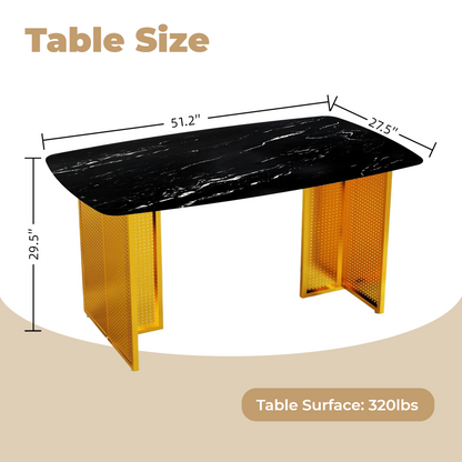 Modern-Style Rectangular Tempered Glass Dining Table for 6, Featuring a Marble-Patterned Design with Golden Hollow-Out Metal Legs, an Ideal Dining Table for Living Rooms and Home Offices. image 7