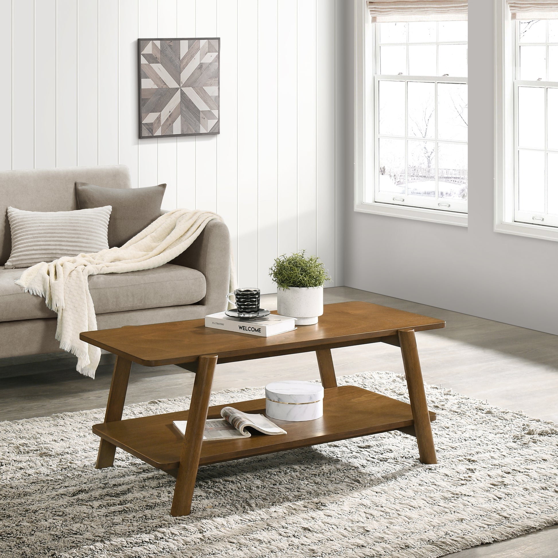 Metz Mid-Century Modern Wood Shelf Coffee Table, Walnut Finish image 1