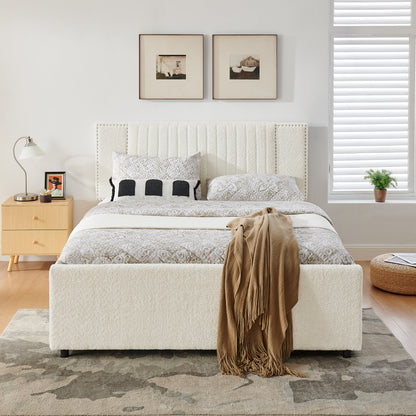 Queen Size Vertical Channel Tufted Headboard & Nailhead Trim Space Saving Upholstered Bed, Multi-functional Design with 2 Storage Drawers and Pull-out Trundle Bed, Chenille image 4