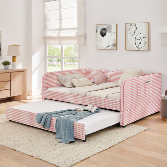 Full‑Size Daybed, Gingham Upholstered 3‑in‑1 Versatile Convertible Sofa Bed with Pull‑Out Trundle & Side Storage Pockets, Ideal for Multiple Room Layouts and Small‑Space Living-Pink image 1