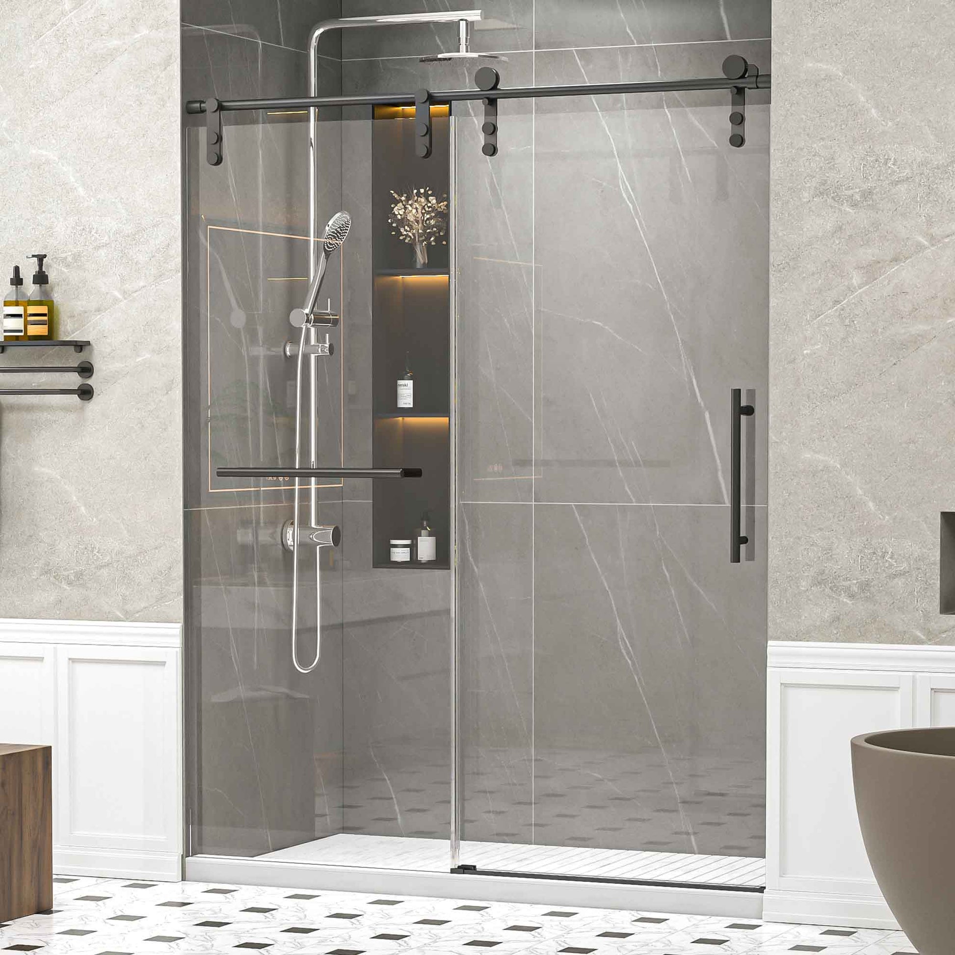 56-60" W * 76" H Frameless Single Sliding Shower Doors Without Soft-Close, Bathroom Sliding Shower Door With Towel Rail And Auxiliary Handle, 5/16" (8mm) Thick SGCC Tempered Glass Door, Matte Black image 1