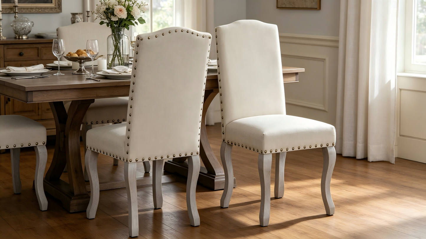 Set of 2 Light Beige Linen Upholstered Dining Chairs, Nailhead Trim Accent Side Chairs with Solid Wood Legs, Easy Assembly for Dining Room Kitchen Bar image 3