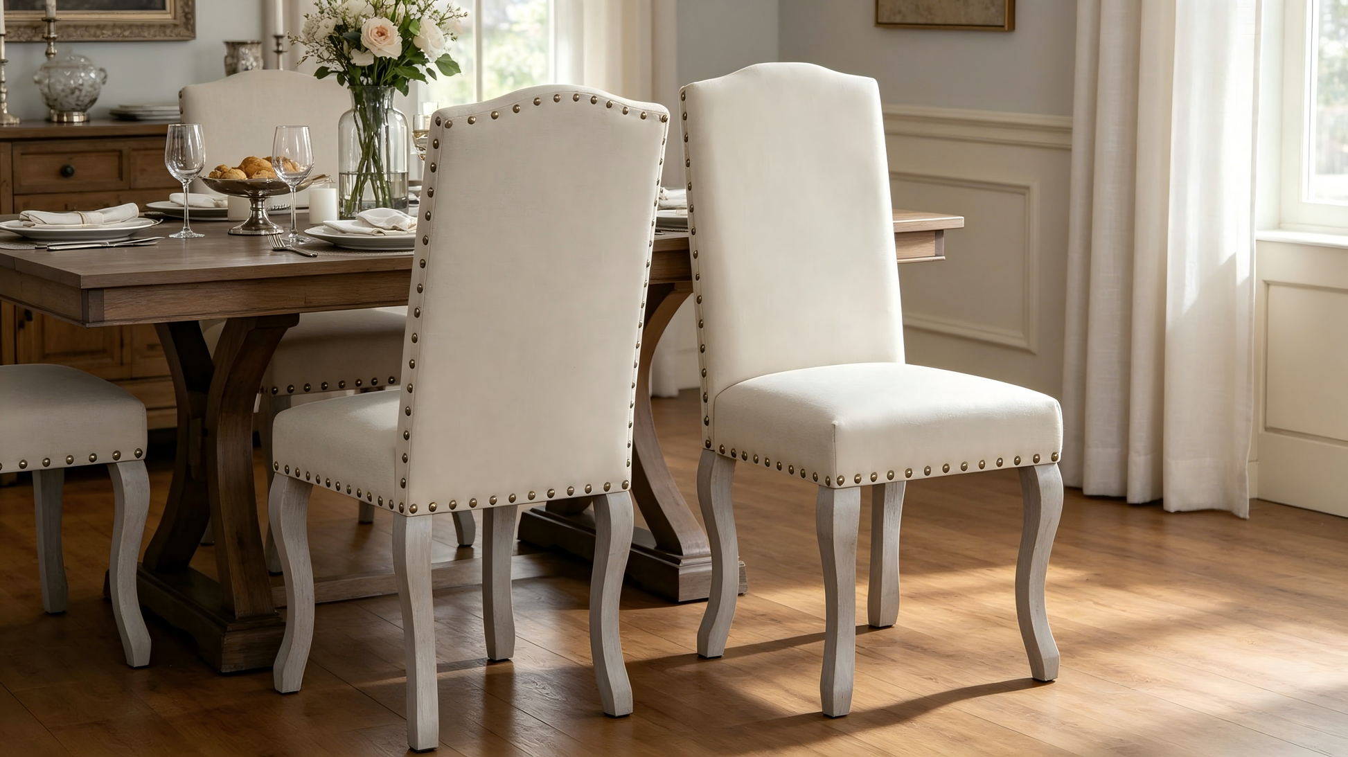 Set of 2 Light Beige Linen Upholstered Dining Chairs, Nailhead Trim Accent Side Chairs with Solid Wood Legs, Easy Assembly for Dining Room Kitchen Bar image 3