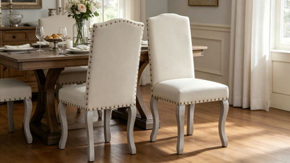 Set of 2 Light Beige Linen Upholstered Dining Chairs, Nailhead Trim Accent Side Chairs with Solid Wood Legs, Easy Assembly for Dining Room Kitchen Bar image 3