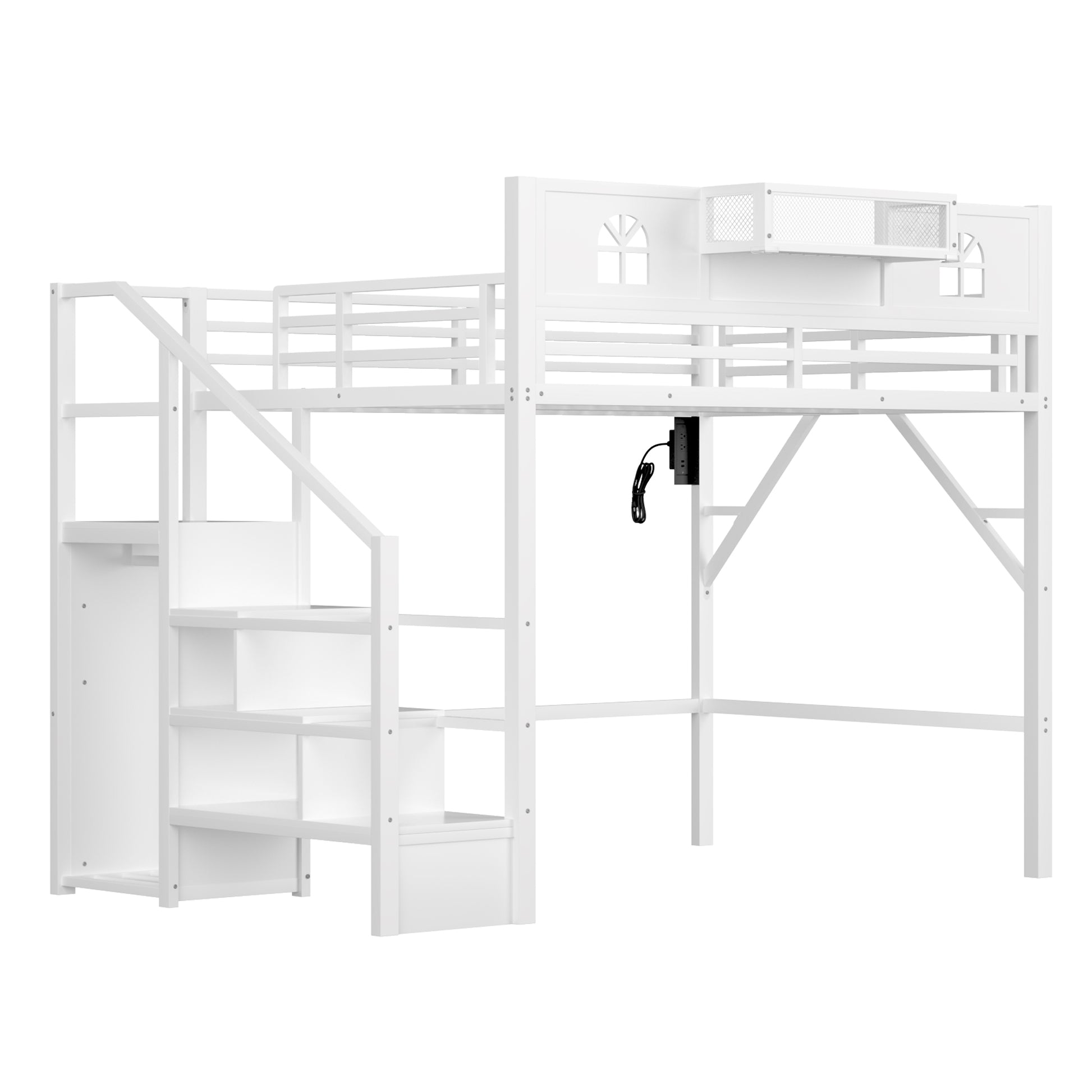 Full Size Loft Bed with Stairs, Metal Full Loft Bed with High and House Shaped Guardrails, High Loft Bed with Wardrobe for Kids Teens, White (Old SKU W2593S00037 Expect Arrival Datee2026/3/17) image 8