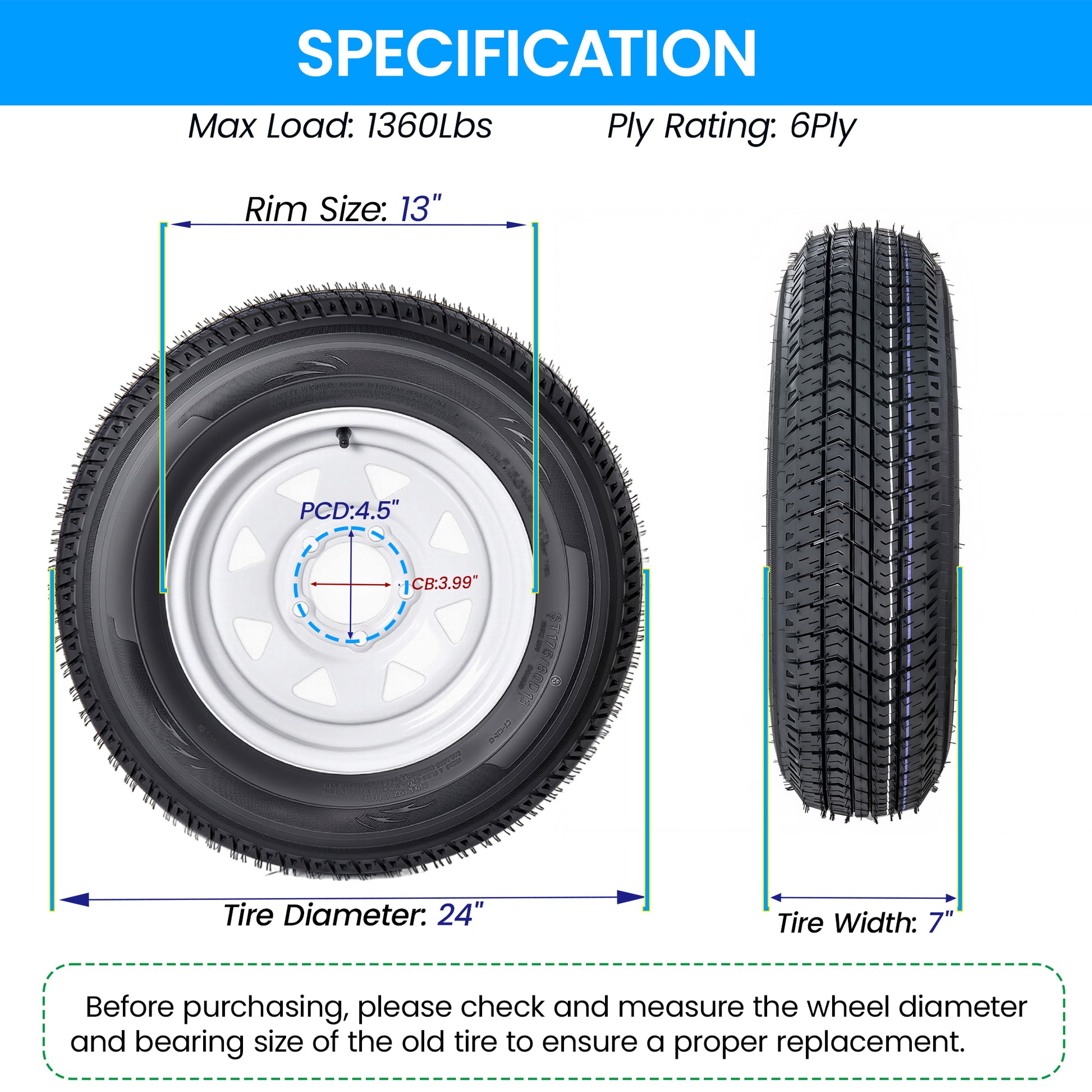 Set of 2 ST175/80D13 Trailer Tires and Wheel Assembly, DOT Approved- Highway Legal,6-Ply Heavy Duty, 13" Rim, 5 Lug on 4.5" PCD, 3.99" Center Bore, 1360 lbs Capacity for Boat, Utility, or Lawn Trailer image 8