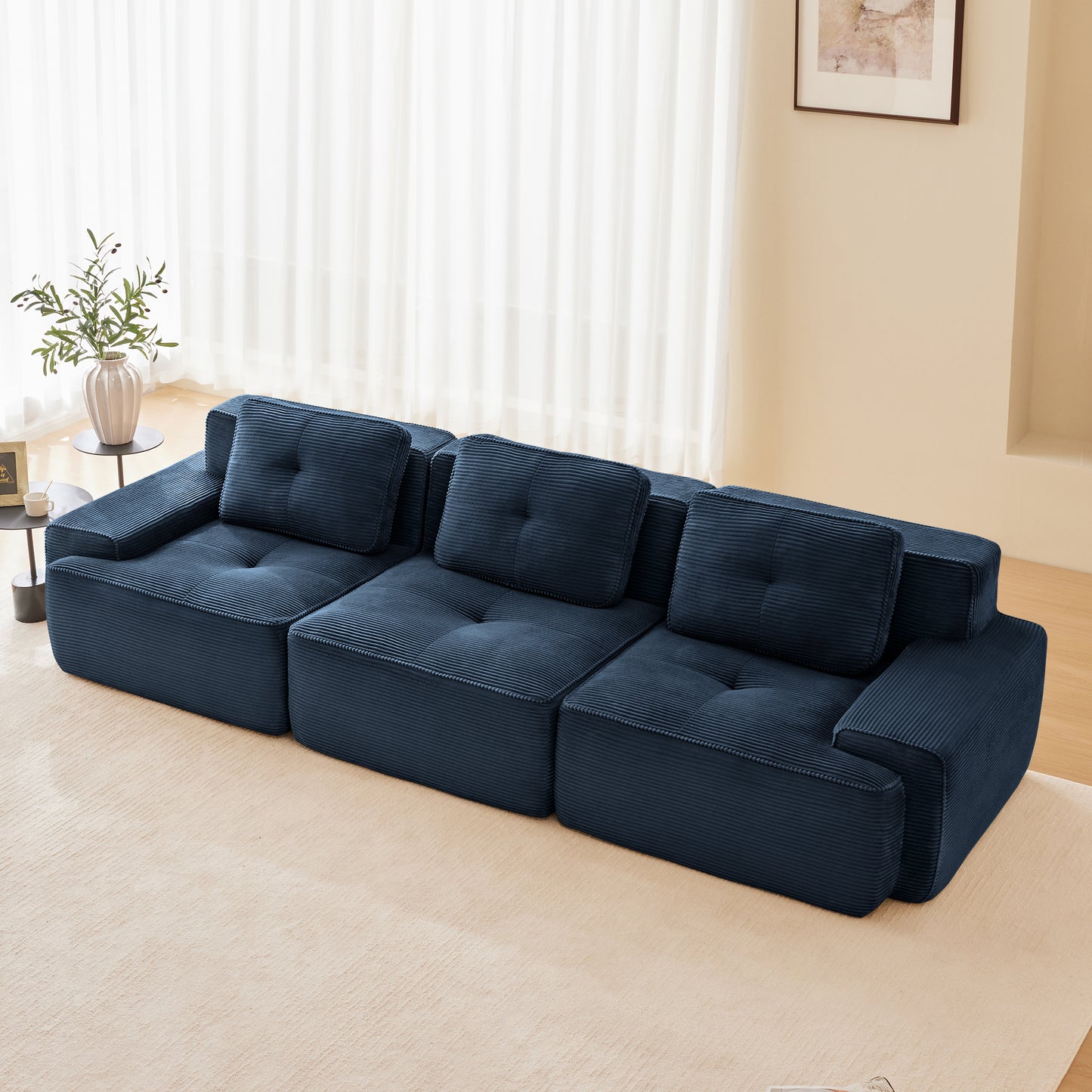 117" Modern Modular Sectional Sofa for Living Room, Corduroy Fabric,Oversized 3-Seater Couch with Deep Seat, Pearl-like piping, Tufted Design,Buckle connection,No Assembly,Anti-slip Design,Blue image 3