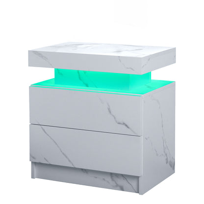 Nightstand LED Bedside Table Cabinet Lights Modern End Side with 2 Drawers for Bedroom (White Stone) image 8