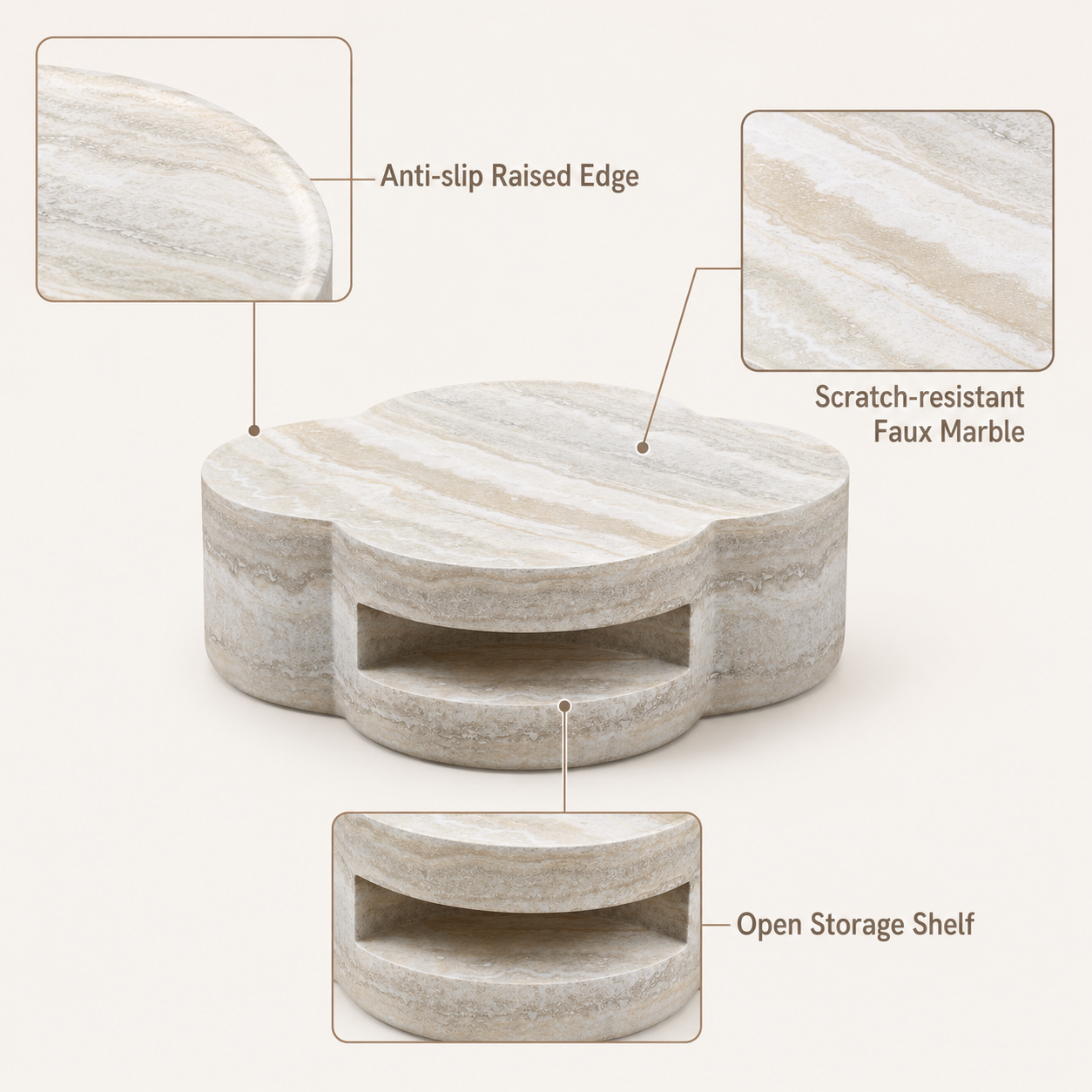 31.5" Clover Round Faux Marble Coffee Table – No Assembly Required, Anti-Slip Raised Edge, Open Storage Shelf, Scratch & Stain Resistant, Modern Minimalist Living Room Table image 6