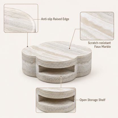 31.5" Clover Round Faux Marble Coffee Table – No Assembly Required, Anti-Slip Raised Edge, Open Storage Shelf, Scratch & Stain Resistant, Modern Minimalist Living Room Table image 6