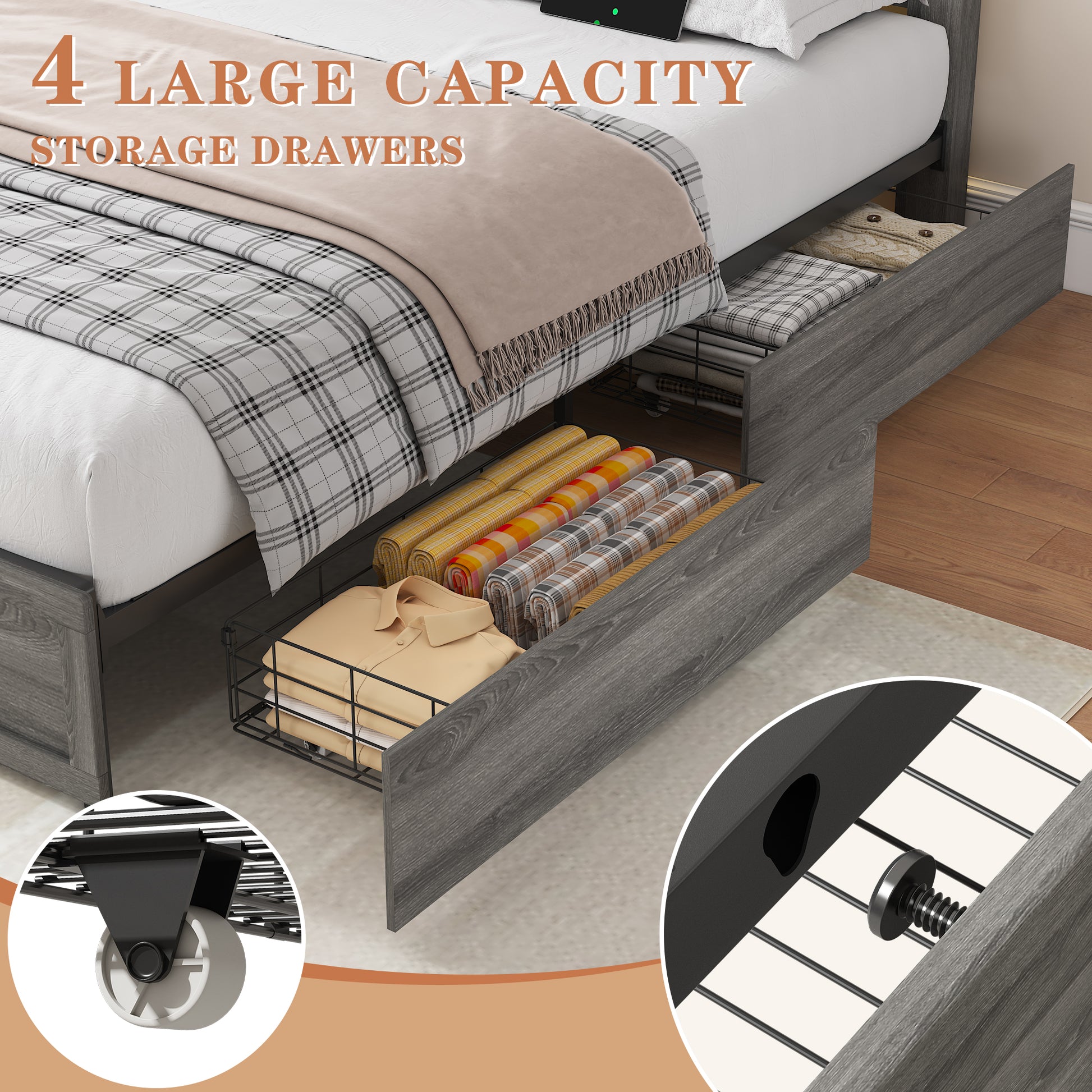 Queen-size Storage Bed Frame with Storage Headboard (4 Storage Drawers on Bed Body + LED Lighting) – Anti-slip & Noise-free Metal Mattress Support Platform + Sturdy Metal Slat Base, Grey image 3