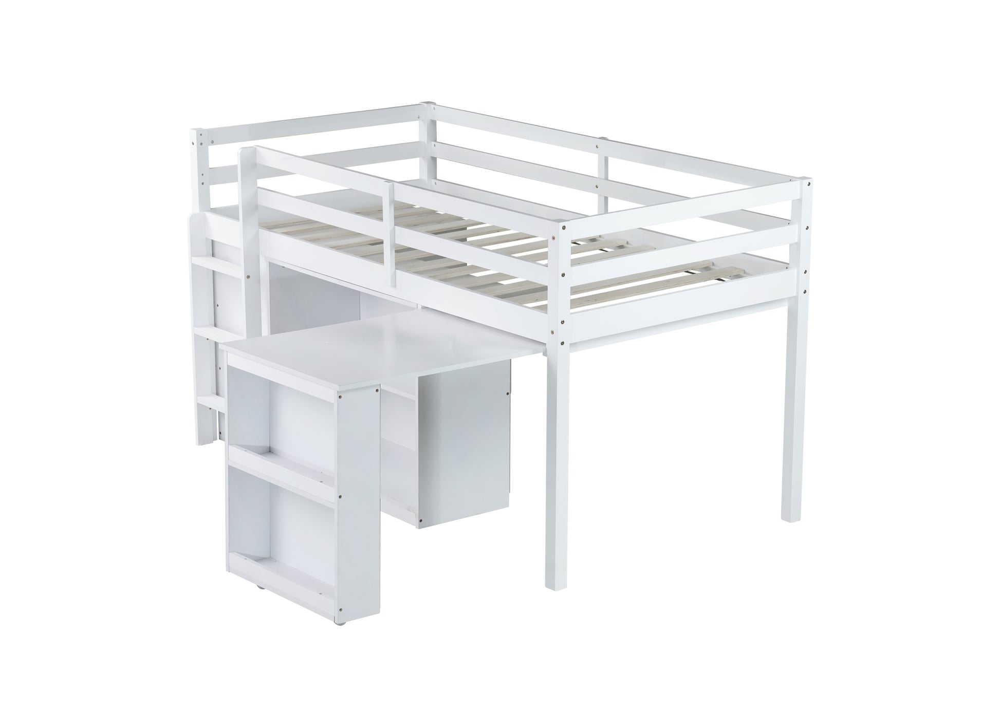 Twin Loft Bed w. stroage case,drawers,Twin Loft Bed with,Drawer Cabinet, Shelf Cabinet and Pulling -Out Desk,Rubber Wood Loft Bed with Safety Guardrail,Ladder,White image 6