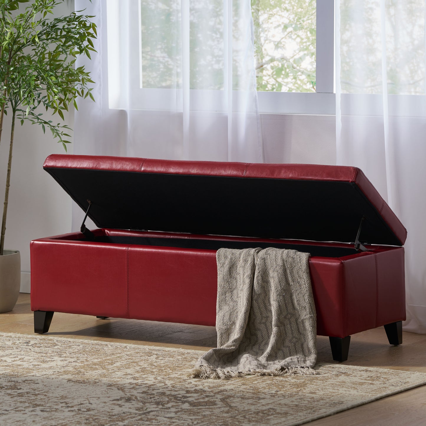 Upholstered PU Leather Storage Ottoman, Solid Wooden Legs (old sku 57742.00RED) image 3