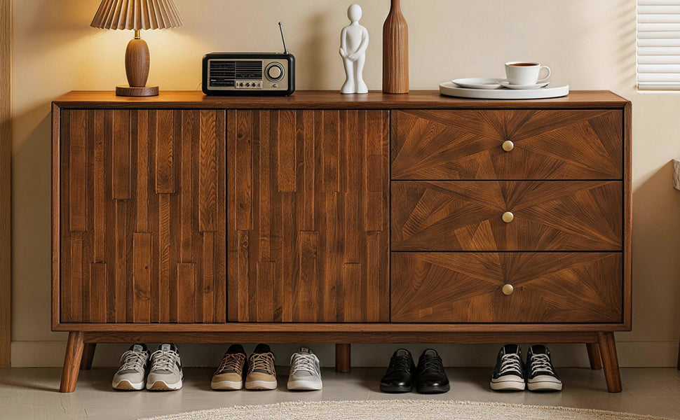 56" Mid Century Modern TV Stand with Storage, Entertainment Center with 3 Drawers and 2 Doors, Wooden Sideboard Buffet Cabinet for Living Room, Dining Room & Entryway, Walnut Brown image 6