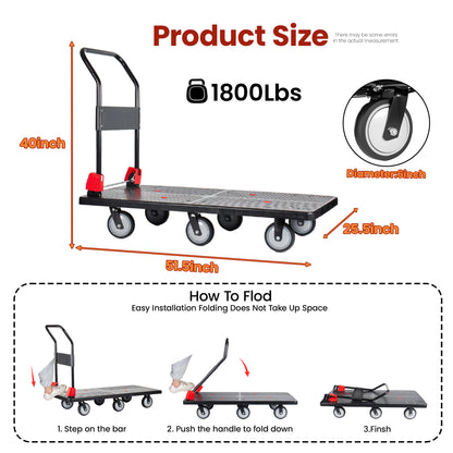 25.5"x51.5" Platform Truck, Foldable Handcart with 6'' TPR 360-Degree Silent Wheels, 1800lbs Heavy-Duty Push Dolly Cart, 4 Steel Load-Bearing Beams for Warehouse Garage Home Use image 6