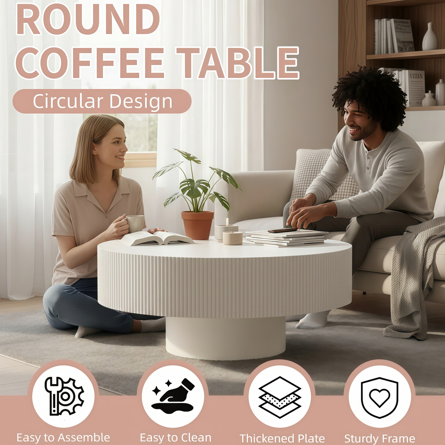 Round Coffee Table, Fluted Coffee Table with Sturdy Pedestal, Mid Century Modern Coffee Table for Living Room, Bedroom, Terrace, Office, Small Space (White Round Thick) image 10
