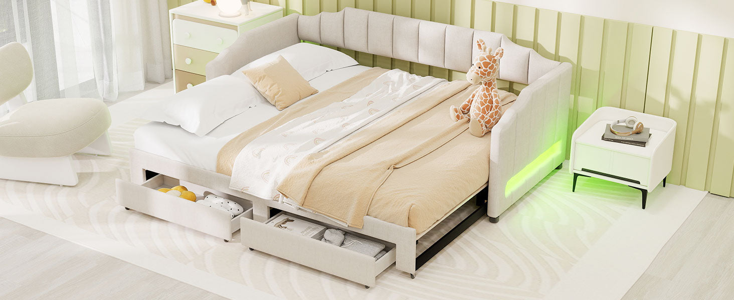 Twin XL Size Extendable Upholstered Daybed with Two Storage Drawers and LED Light,Twin XL to King Daybed,Beige image 8