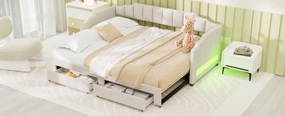 Twin XL Size Extendable Upholstered Daybed with Two Storage Drawers and LED Light,Twin XL to King Daybed,Beige image 8