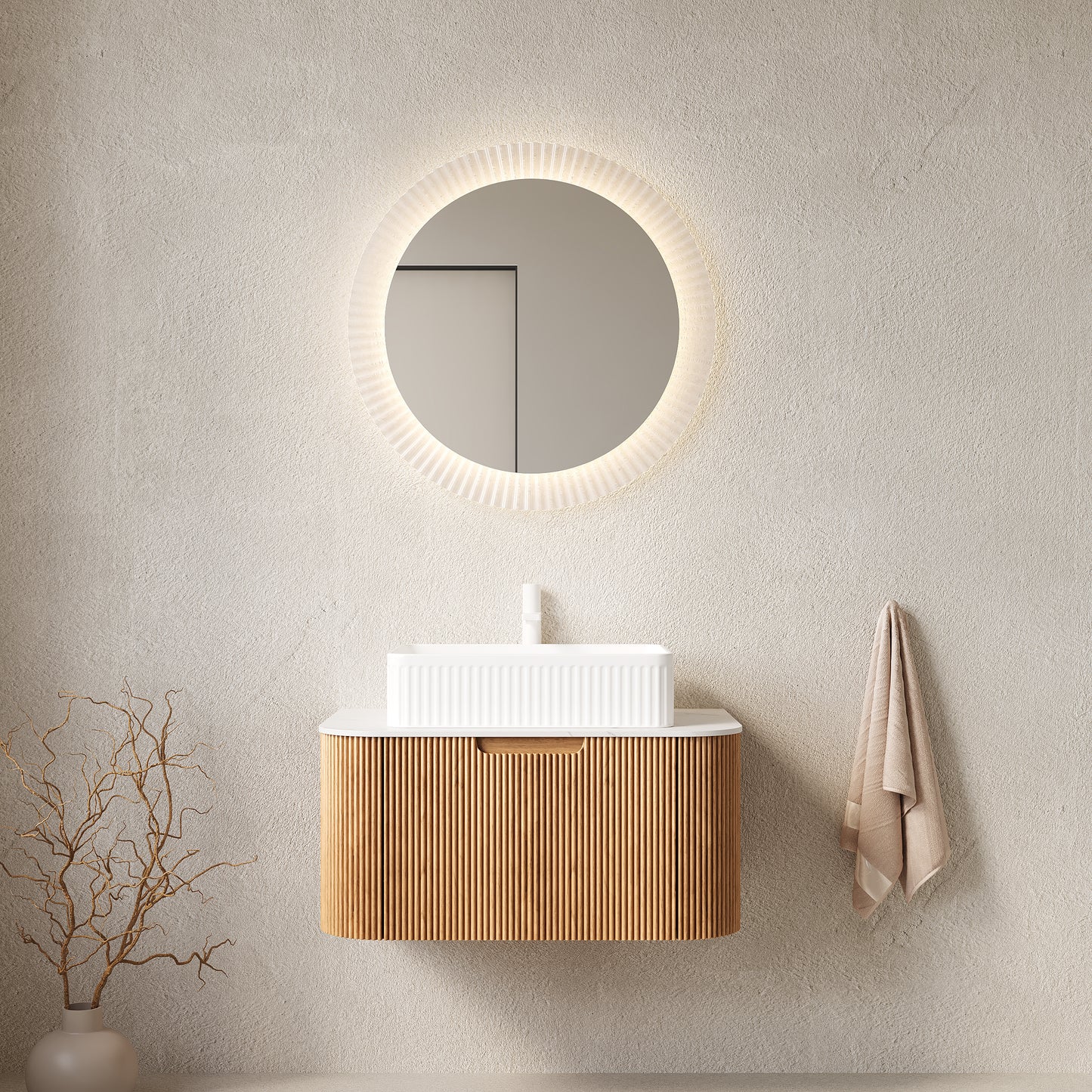 DINA 30" Bathroom Vanity with Sink, Wall-Mounted Floating Curved Edges Striped Bathroom Storage Cabinet with Drawer, White Rectangular Ceramic Basin, No Faucet, Pre-assembled, Natural Woodgrain Color image 1
