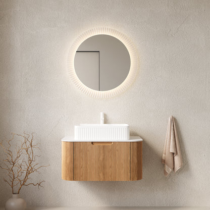 DINA 30" Bathroom Vanity with Sink, Wall-Mounted Floating Curved Edges Striped Bathroom Storage Cabinet with Drawer, White Rectangular Ceramic Basin, No Faucet, Pre-assembled, Natural Woodgrain Color image 1