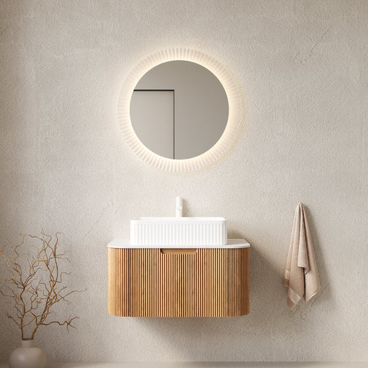 DINA 30 inch wall mounted bathroom vanity with white ceramic sink and natural woodgrain finish front view