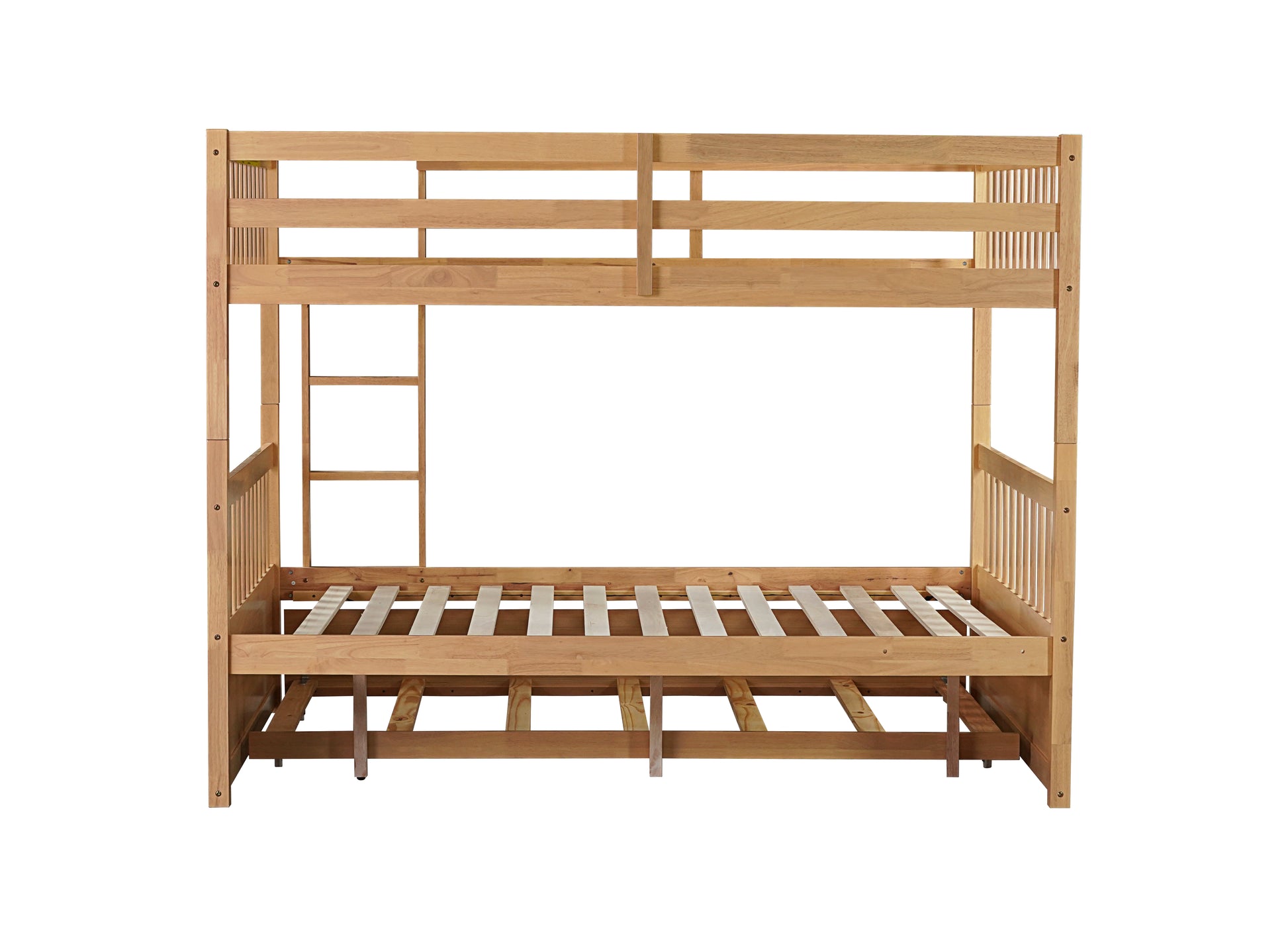 Full Over Full Rubber Wood Bunk Bed with Trundle, Ladder and Guardrails, Convertible to 2 Full Size Beds, with Twin Size Trundle,Natural (Old Sku W504S00180) image 9