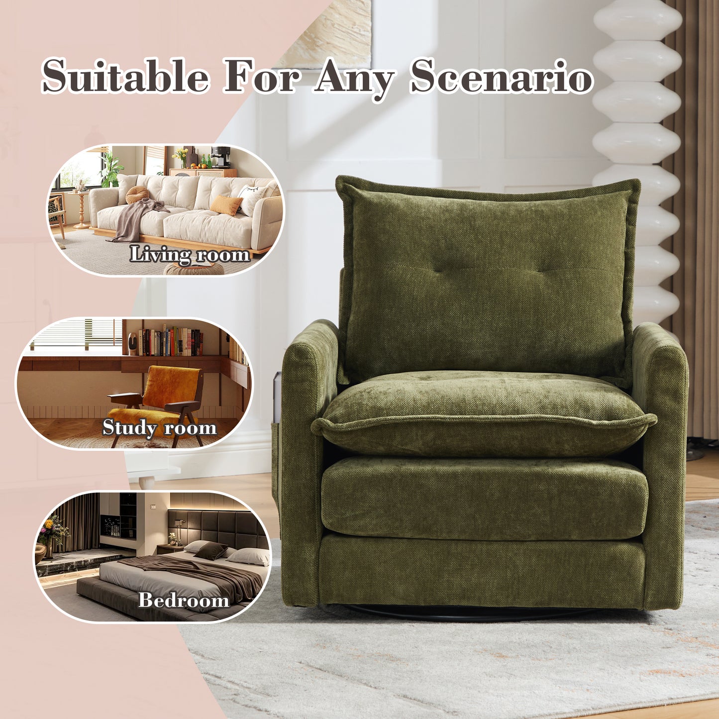 UNITED WE WIN Swivel Barrel Chair - Mid Century Modern Chair, Thick Padded Arm Chair with Solid Metal Base, Comfortable Single Sofa Chair, Swivel Accent Chair for Living Room Bedroom image 4