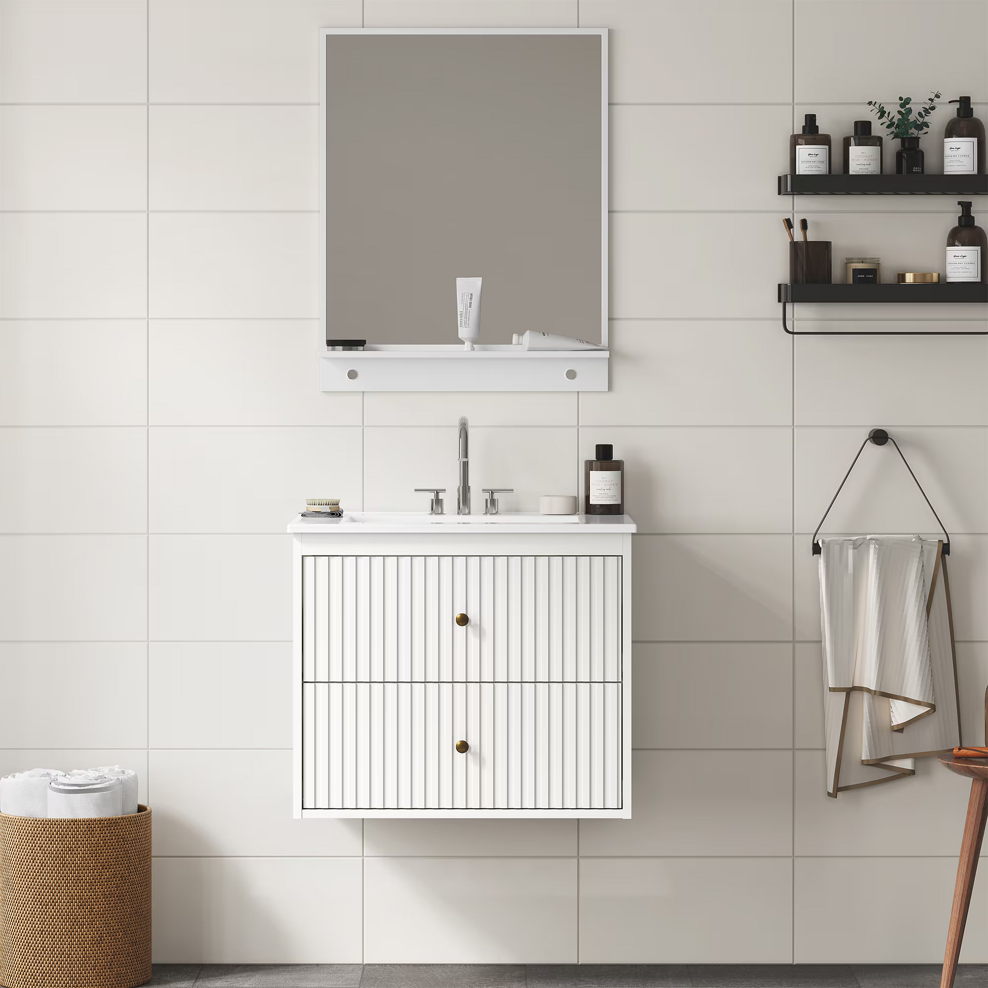 24'' Bathroom Vanity with Sink Set, Floating Bathroom Storage Cabinet with Doors and Drawers, Modern Vanity Sink Cabinet Wall Mount with Painted Surface, White image 8