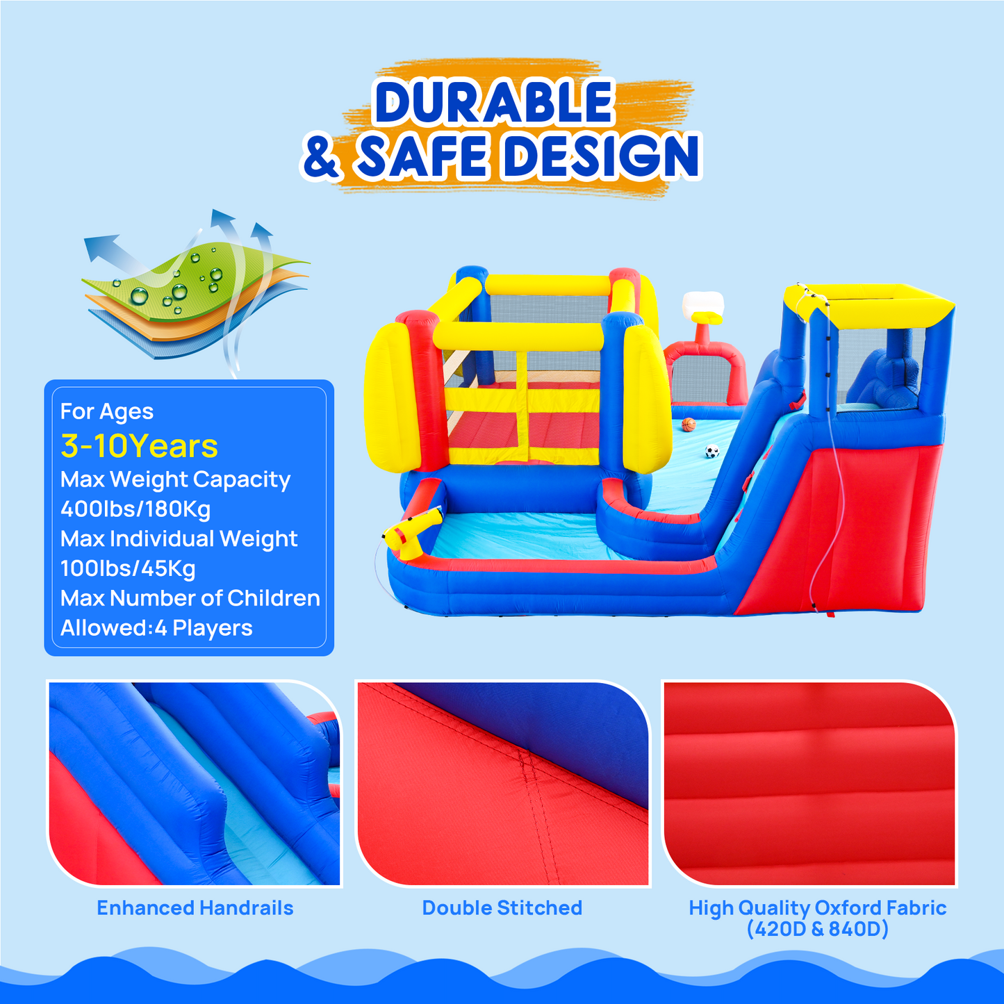 7 in1 Inflatable Slide Water Park with Deep Water Pool Basketball Hoop Football Gate Water Cannon Climb Wall Bounce House for Kids image 5