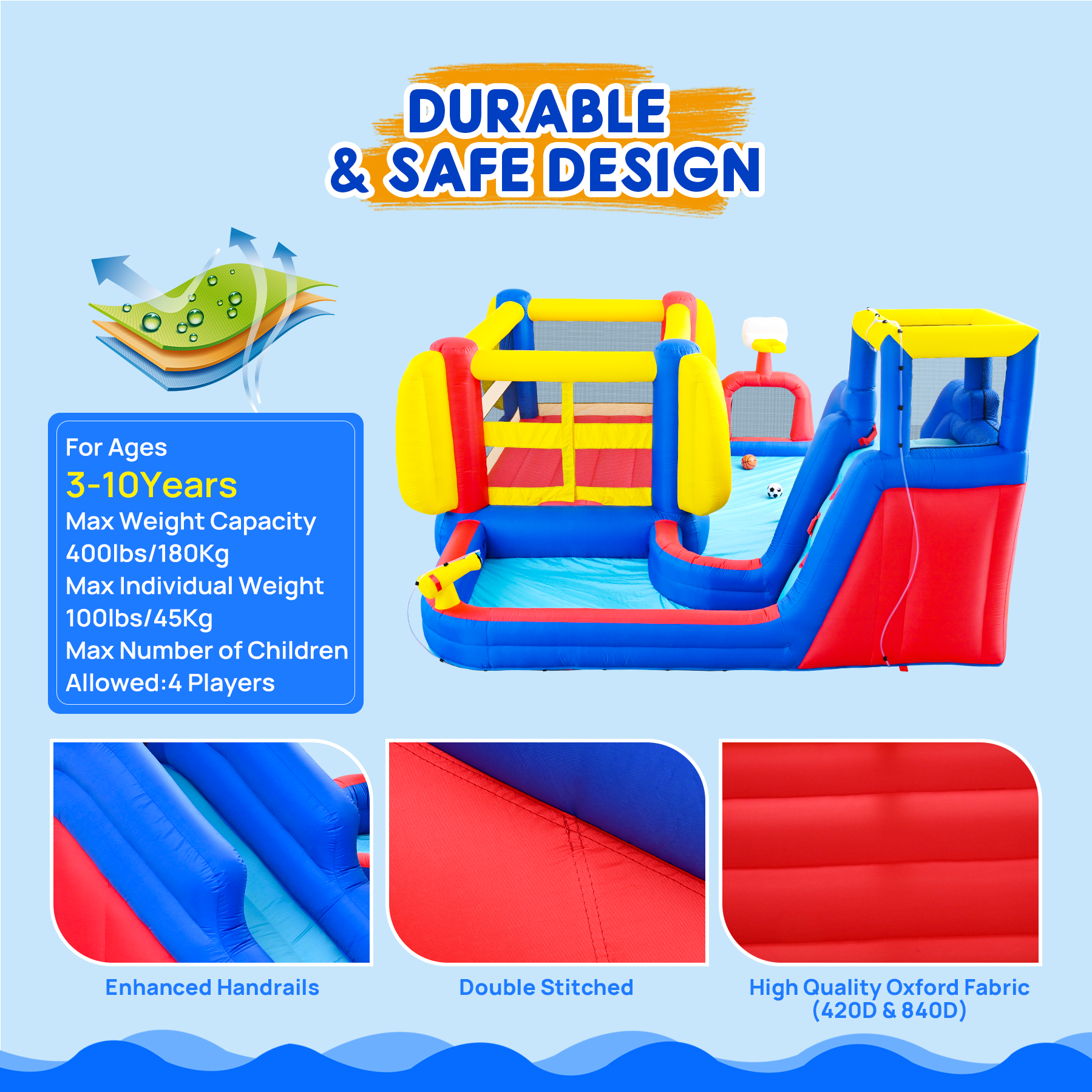 7 in1 Inflatable Slide Water Park with Deep Water Pool Basketball Hoop Football Gate Water Cannon Climb Wall Bounce House for Kids image 5