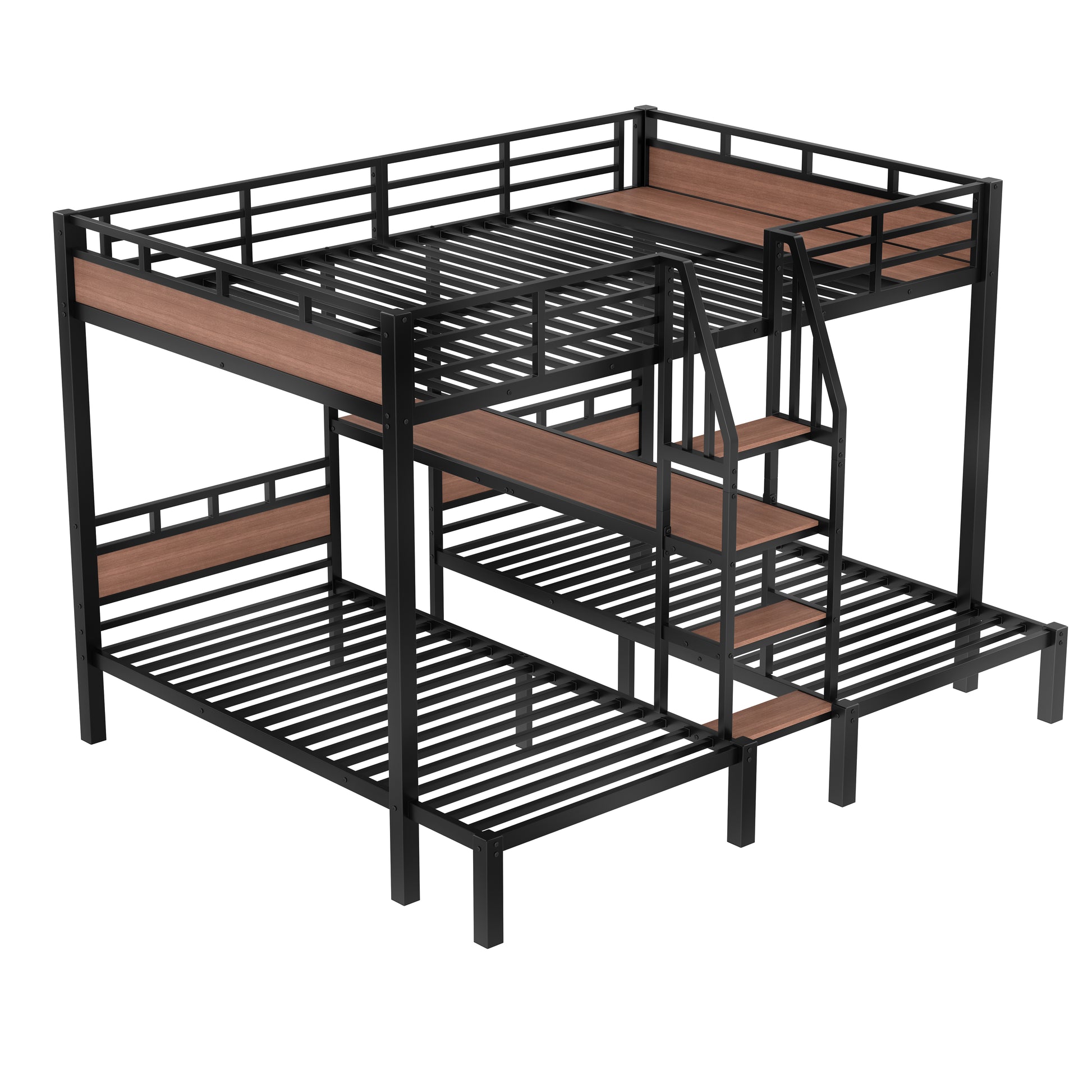 Queen over Twin over Twin Metal Bunk Bed,triple metal bunk bed with Storage shelves and storage stairs,Black image 10