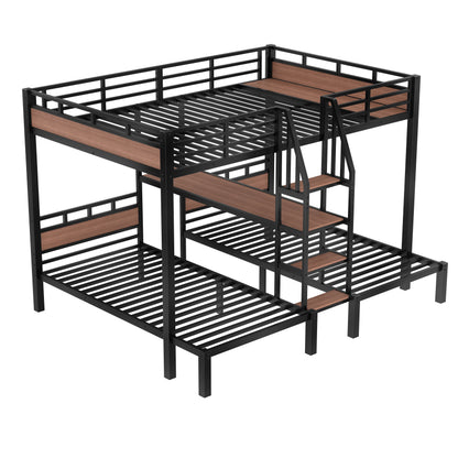 Queen over Twin over Twin Metal Bunk Bed,triple metal bunk bed with Storage shelves and storage stairs,Black image 10