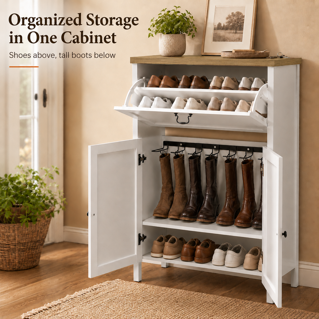 Shoe Cabinet with Flip Drawer, Boot Rack and 6 Boot Clips, Narrow Entryway Shoe Cabinet with Adjustable Shelf, Freestanding Shoe Organizer Cabinet for Entryway, Foyer, 31.5"W x 15.7"D x 45.3"H-White image 8