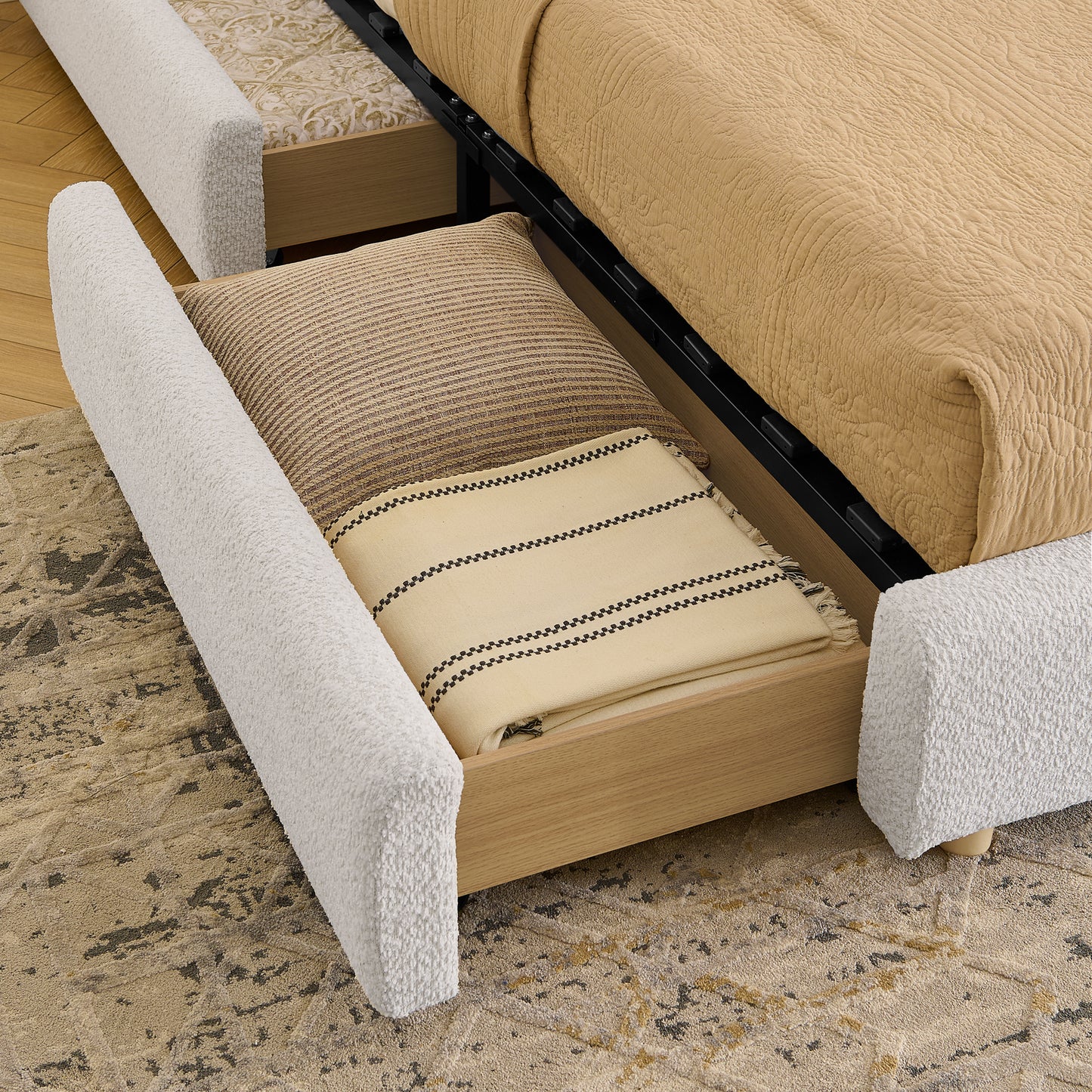 King Size Upholstered Bed Frame Modern Minimalist Style - Circle Yarn Fabric, Tall Curved Headboard, Sturdy Leg Support & Wheeled Drawer Storage, Mattress Not Included -Beige image 6