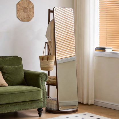 Rotating Full Length Mirror with Clothes Rack, Freestanding Solid Wood Storage Mirror for Bedroom Living Room image 4