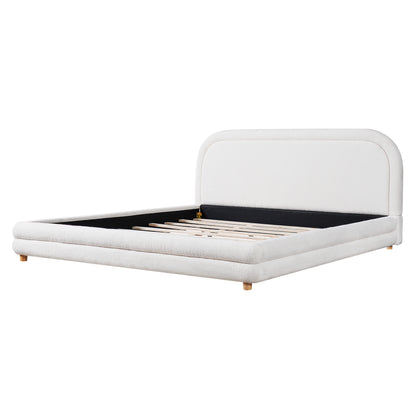 King Size Bed Frame With Boucle Upholstered Thick Curved Headboard, Solid Wood Legs, White image 7