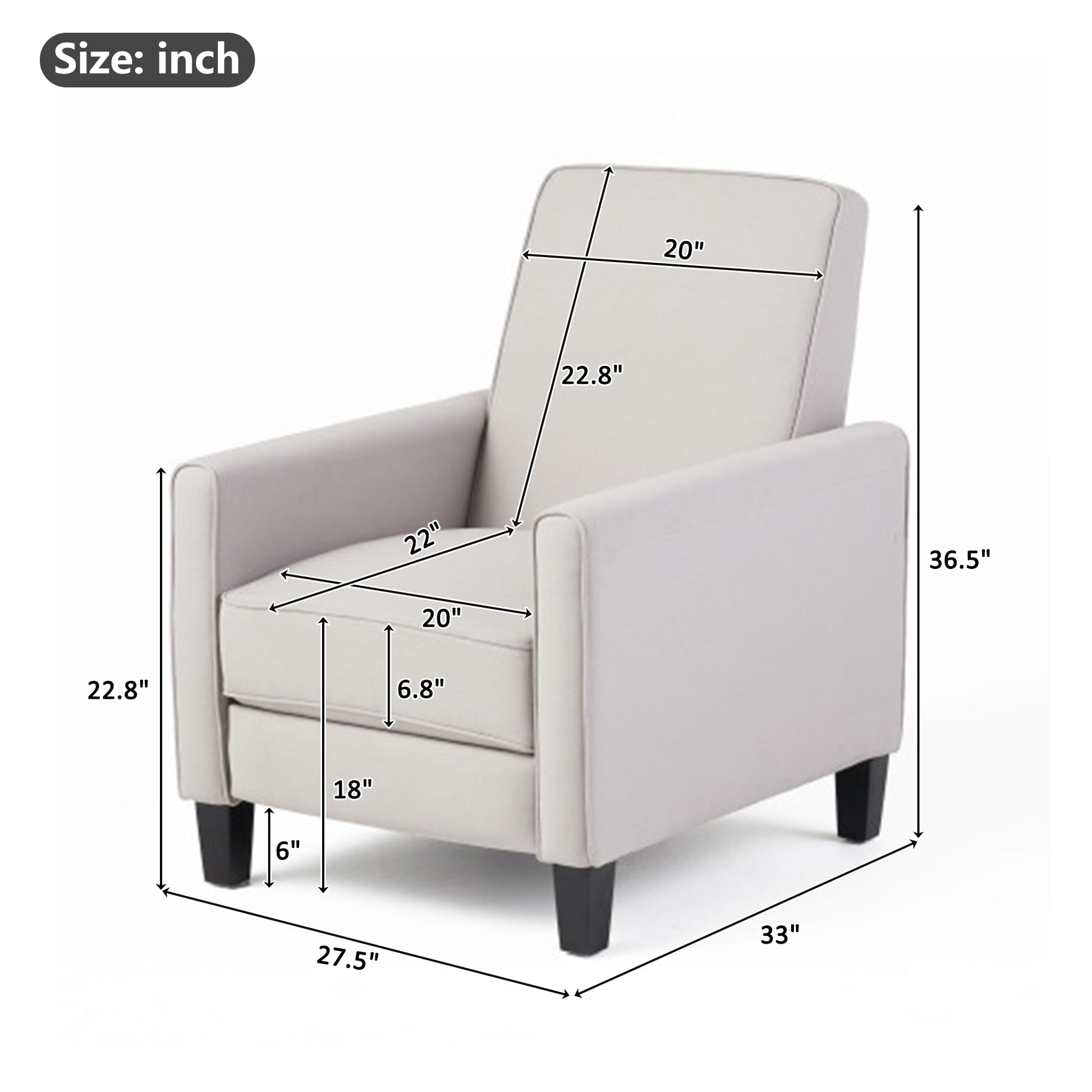 27.5" Push Back Recliner Chair Upholstered Recliner Armchair with Solid Beech Wood Legs for Living Room and Bedroom(Old SKU:52422.00FDGRY), Grey image 2