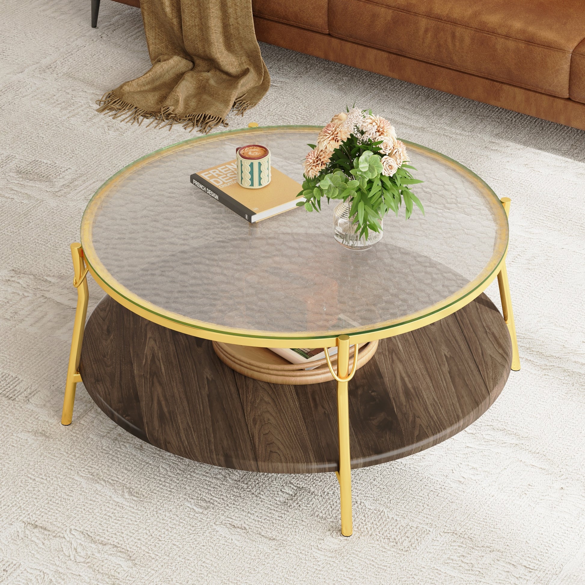 Modern Round Walnut 2-Tiered Coffee Table with Glass Top and Gold Base for Living Room, 29.9" image 10