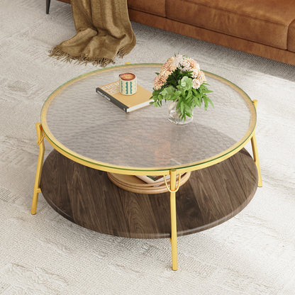 Modern Round Walnut 2-Tiered Coffee Table with Glass Top and Gold Base for Living Room, 29.9" image 10