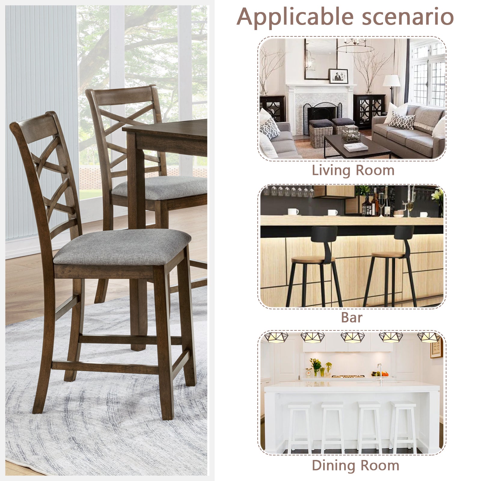 Dining Chairs Only, Wooden Counter Height Chairs Set of 4, Kitchen Chair with Padded Seat, Upholstered Counter Height Chair for Dining Room, Walnut image 4