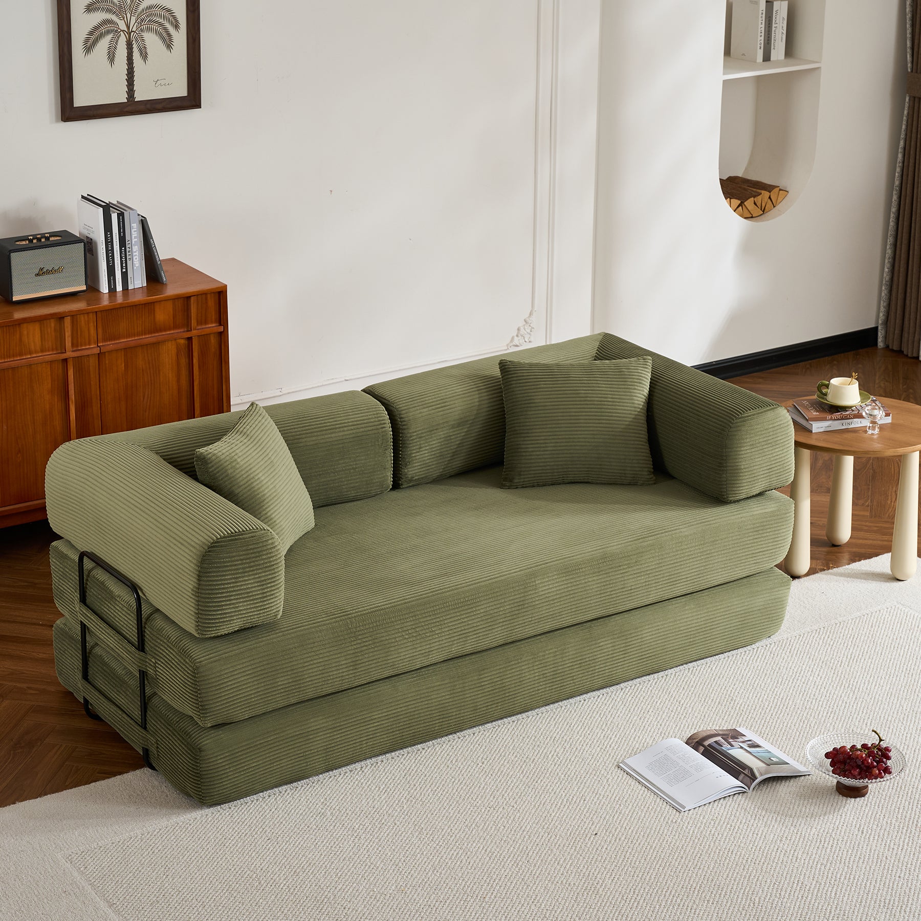 Convertible Sleeper Sofa Bed with Cylindrical Pillow, Corduroy Folding Mattress Couch with Fixed-Shape Frame, Floor Sofa Lounge Couch for Living Room Bedroom (Green) image 1