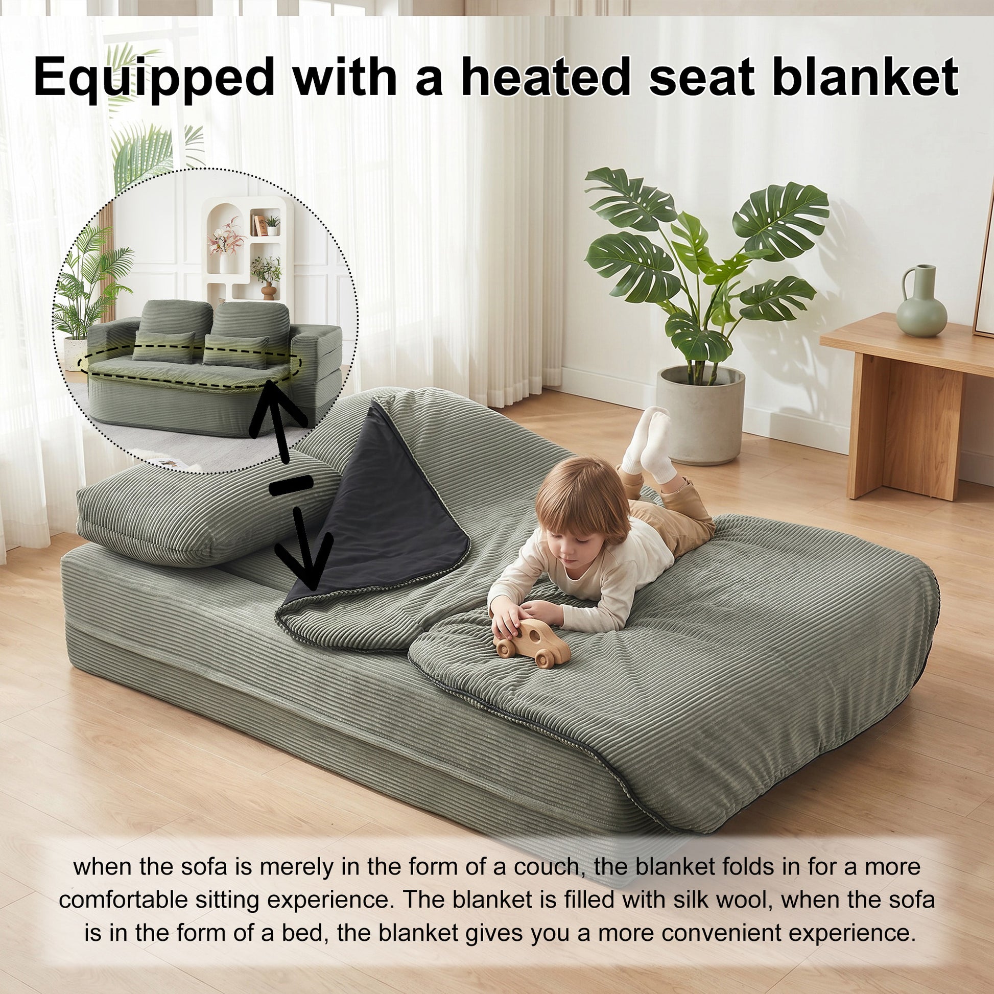 75''2-in-1 Foldable Sofa,Convertible Sleeper Foam Sofa Bed with Multi Functional Blanket, Corduroy Floor folding sofa bed, Floor Sofa Lounge Sofa for Living Room Bedroom Lounge Studio image 7