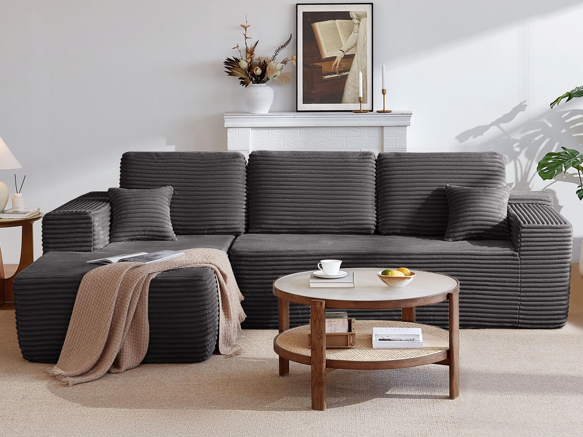 104" Cloud Sectional Sofa with L-Shape Chaise and Side Pockets, Modern Modular Design, Deep Seating, Upholstered Couch for Living Room/Bedroom, No Assembly Required (Plush Fabric), Grey, Left-facing image 1