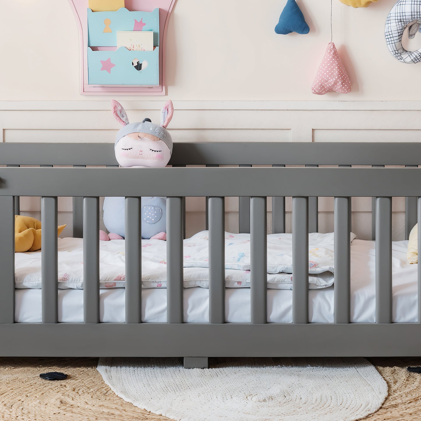 Twin Size Bed Floor Bed with Safety Guardrails and Door for Kids, Gray image 5