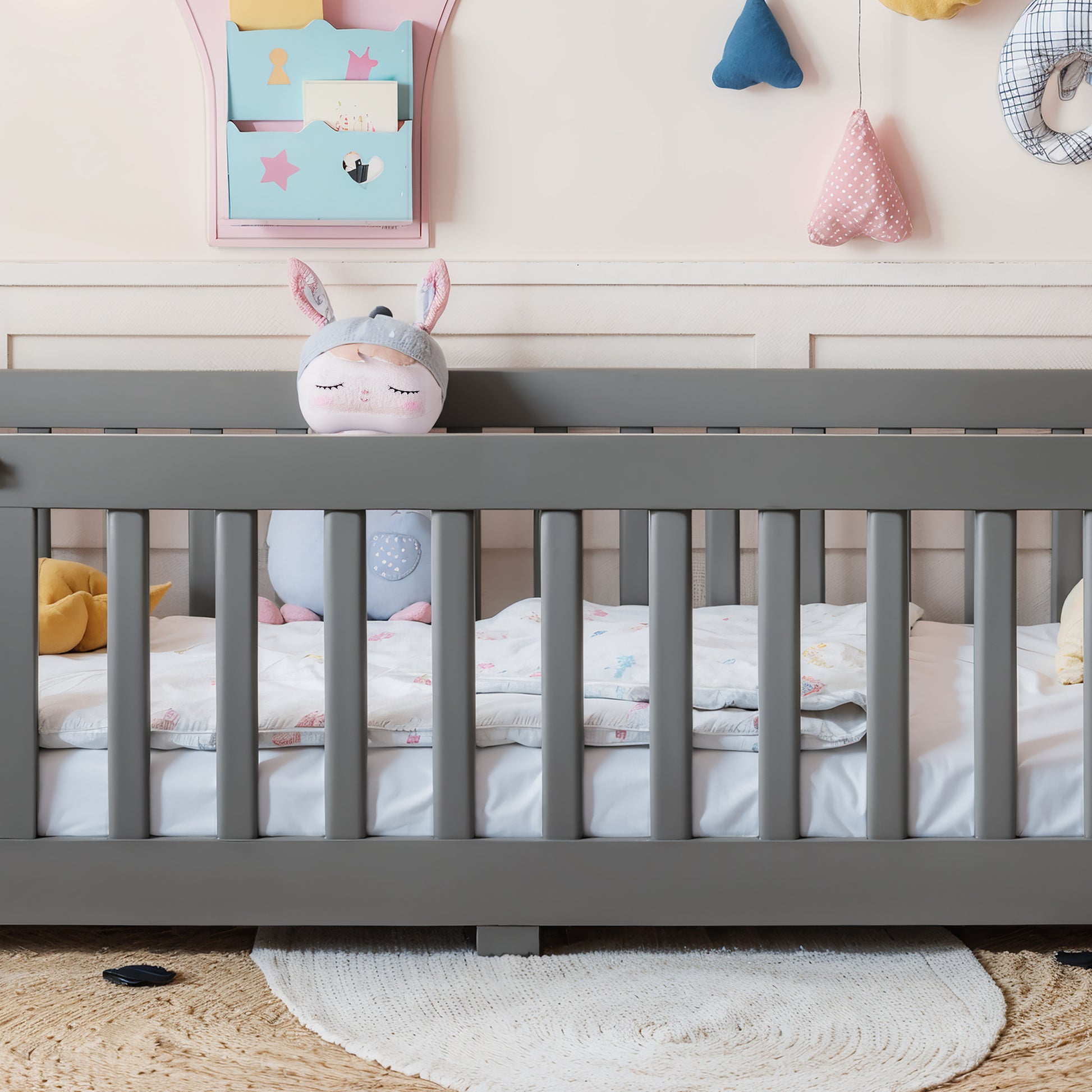 Twin Size Bed Floor Bed with Safety Guardrails and Door for Kids, Gray image 5