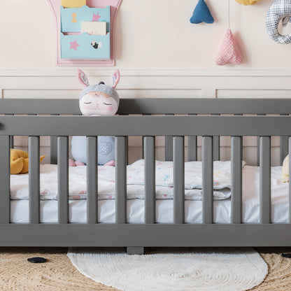 Twin Size Bed Floor Bed with Safety Guardrails and Door for Kids, Gray image 5