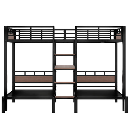 Queen over Twin over Twin Metal Bunk Bed,triple metal bunk bed with Storage shelves and storage stairs,Black image 7